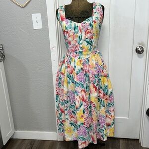 90’s FLORAL COTTON HONORS FLORAL  MIDI DRESS SMALL